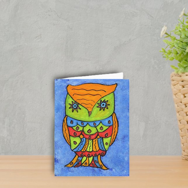 Abstract Owl Notecard (Bright Colourful fantasy owl neon colours star eyes on blue notecard.)
