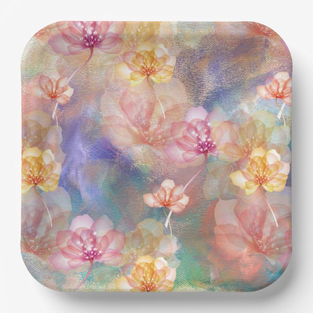 Abstract Paint and Flowers  Paper Plate (Front)