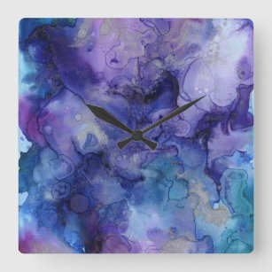 abstract paint purple colours blue grey square wall clock