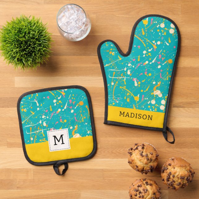 Abstract Paint Splash Oven Mitt & Pot Holder Set (Top Down)