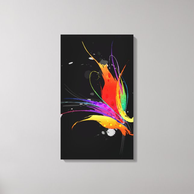 Abstract Paint Splatter Bird of Paradise on Black Canvas Print (Front)