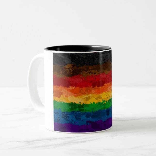 Abstract Paint Splatter Inclusive Rainbow Flag Two-Tone Coffee Mug (Front Left)