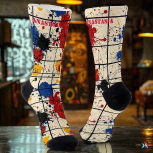 Abstract Paint Splatter Socks with Geometric Grid