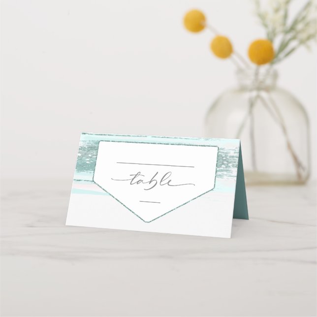 Abstract Paint Strokes Wedding Table Teal ID886 Place Card (Front)