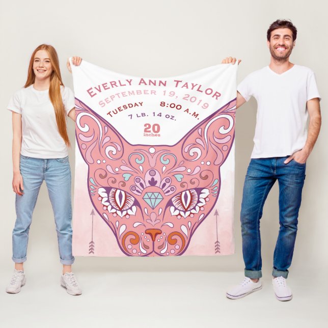 Abstract Painted Cat Baby Girl Birth Stats Record Fleece Blanket (In Situ)