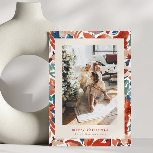 Abstract Painted Floral Rust Merry Christmas Photo Holiday Card