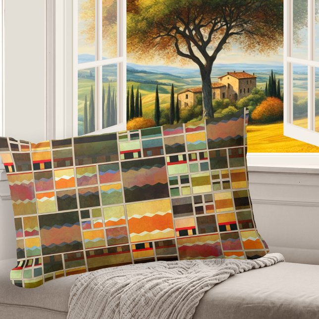 Abstract Painted Leaded Glass Colourful Pillow (Pillow featuring an abstract geometric pattern in a leaded glass or stained glass style)