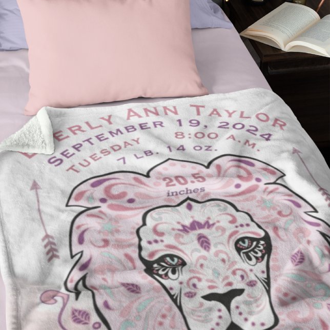 Abstract Painted Lion Baby Girl Birth Stats Record Fleece Blanket (Creator Uploaded)