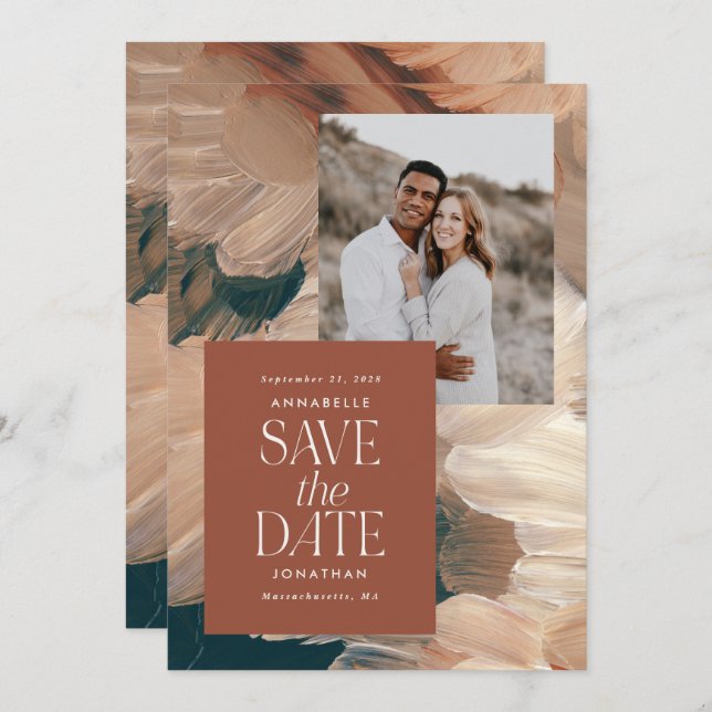 Abstract painted modern teal terracotta chic photo invitation (Front/Back)