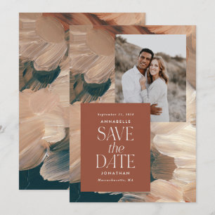 Abstract painted modern teal terracotta chic photo invitation