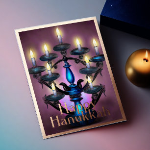 Abstract Painting of Menorah Gold Purple Holiday Card