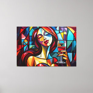 Abstract painting of woman enjoying wine on canvas print