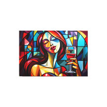 Abstract painting of woman enjoying wine on canvas