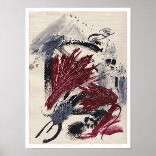 Abstract painting with layered black, grey, red poster