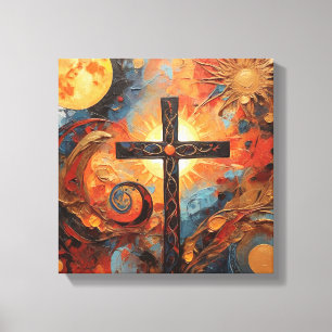 Abstract Painting with Sun Moon And Cross Canvas Print