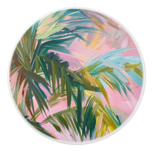 Abstract Palm Frond on Pink Oil Painting Tropical Ceramic Knob