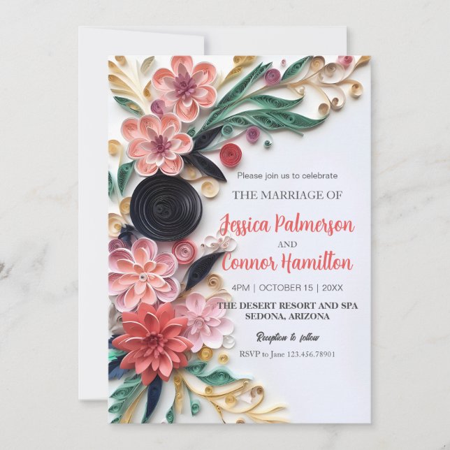 Abstract Paper Quilling Floral Wedding Greenery Invitation (Front)