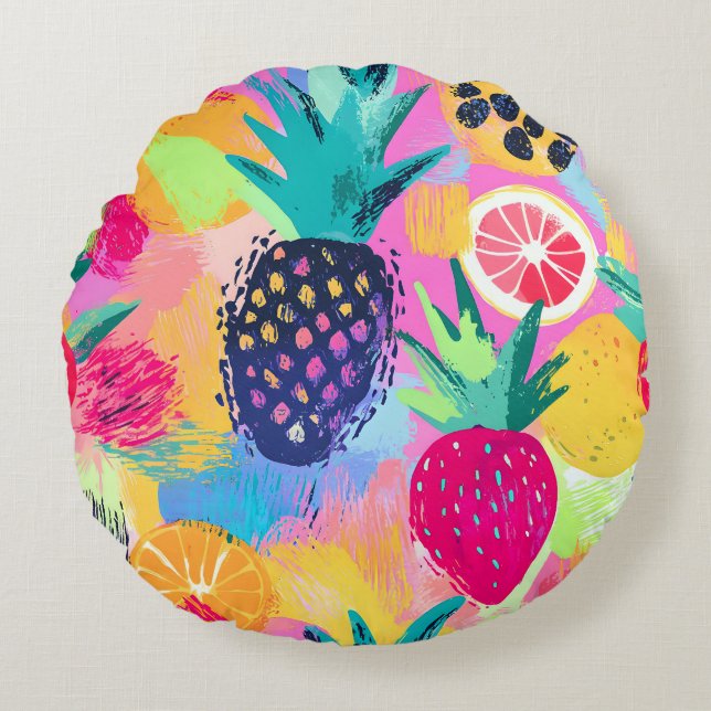 Abstract Paradise Tropical Fruit Fiesta Round Cushion (Front)