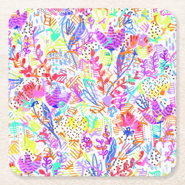 Abstract pastel flowers square paper coaster (Front)