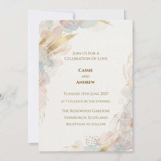 Abstract Pastel Gold Watercolor Wedding Invitation (Front)