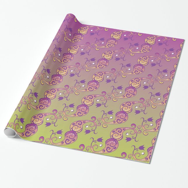 Abstract Pastel Green and Pink Paisley Floral Wrapping Paper (Unrolled)
