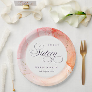 Abstract Pastel Pink Orange Sweet 16 Birthday Paper Plate