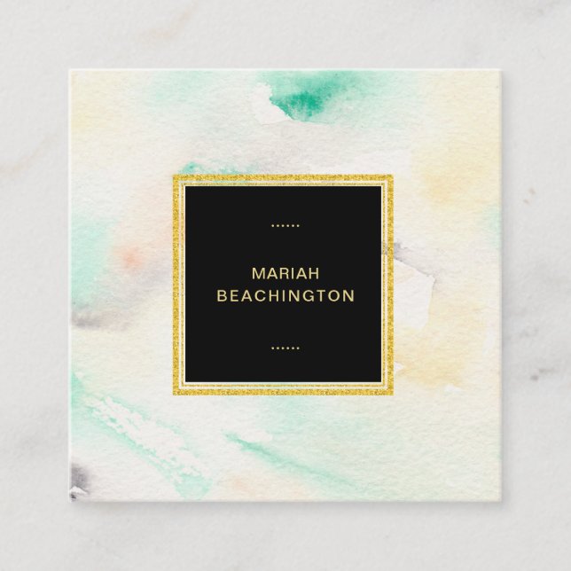 *~* Abstract Pastel Watercolor Gold Glitter Frame Square Business Card (Front)
