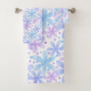 Abstract pastel watercolor purple and pink flowers bath towel set