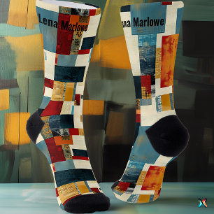 Abstract Patchwork in Bold Blue and Red custom Socks