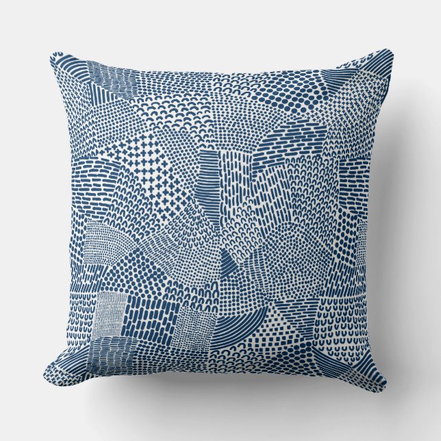 Abstract Patchwork Map - Indigo Dye Blue on White Cushion (Front)