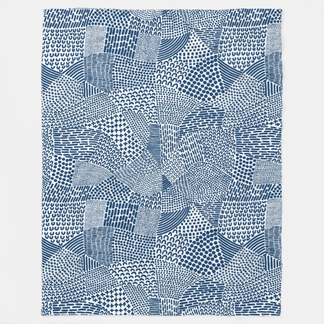 Abstract Patchwork Map - Indigo Dye Blue on White Fleece Blanket (Front)
