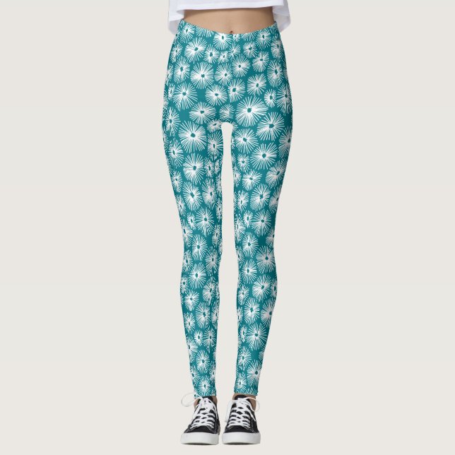 Abstract Pattern 101115 - White on Dk Turquoise Leggings (Front)