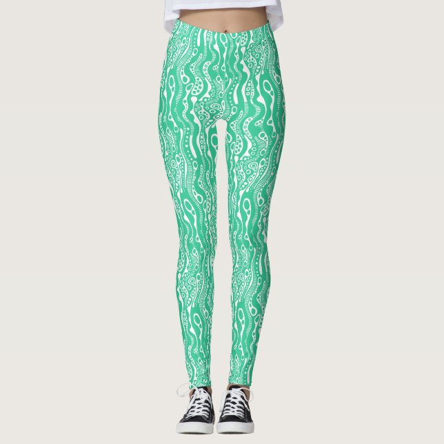 Abstract Pattern 130621 -  Sea Green on White Leggings (Front)