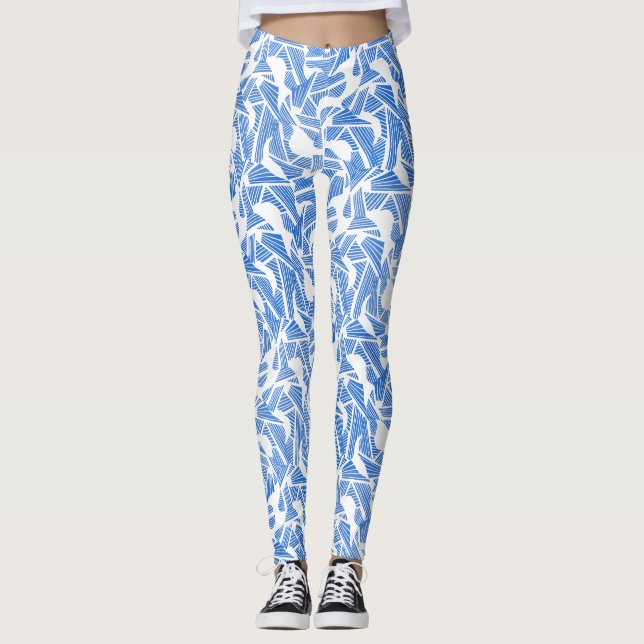 Abstract pattern 2 tones Blue.b White BG Leggings (Front)