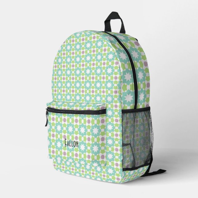 Abstract Pattern Green and Blue Family Name Printed Backpack (Back Corner Right)