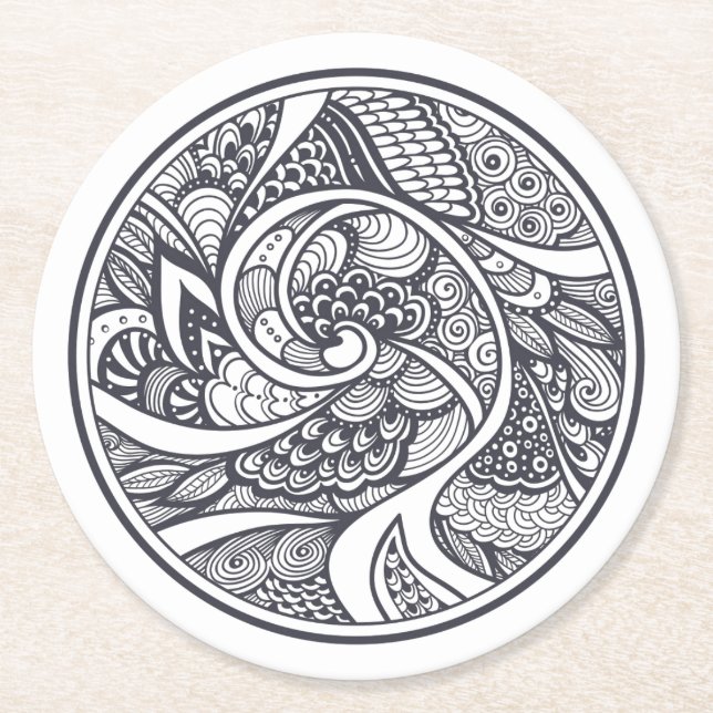 Abstract Pattern In Zen-Doodle Style Round Paper Coaster (Front)
