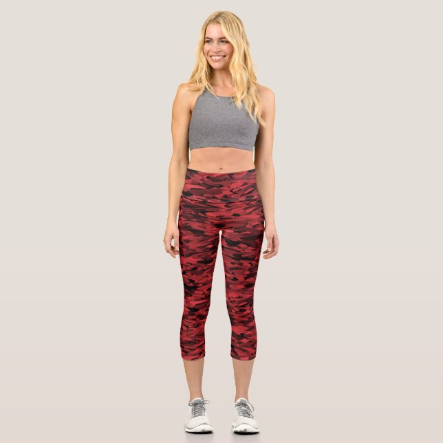 Abstract Pattern Red Black Capri Leggings (Front)