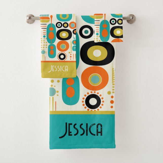 Abstract Pattern Vibrant Mid Century Modern Name  Bath Towel Set (Insitu)