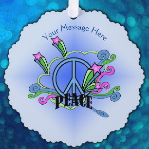 Abstract Peace Sign With Stars Scrolls on Blue Tree Decoration Card