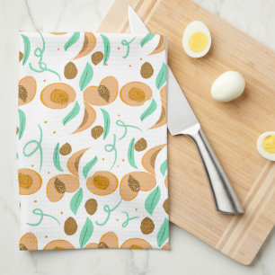 Abstract Peach Fruit Slices Hand Drawn Pattern Tea Towel
