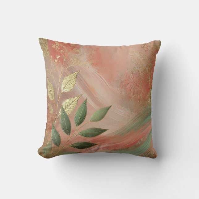 Abstract Peach-Golden Leaf Artwork Style 23 Cushion (Front)