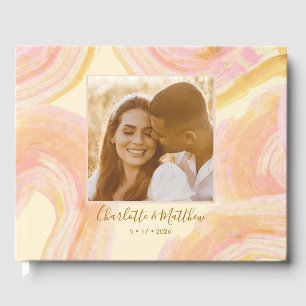 Abstract Peach Paint Swirl Custom Photo Wedding   Guest Book