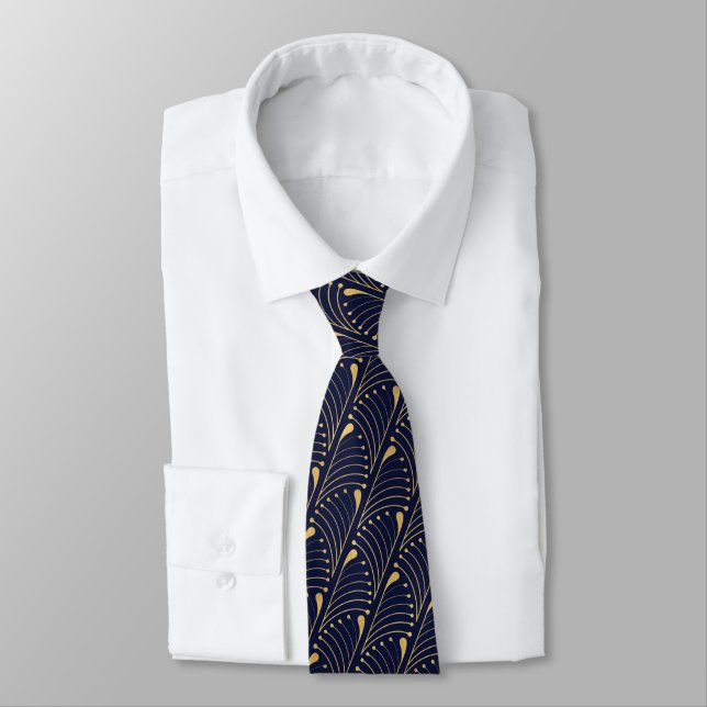 Abstract Peacock Feather Gold Vector Pattern Navy  Tie (Tied)