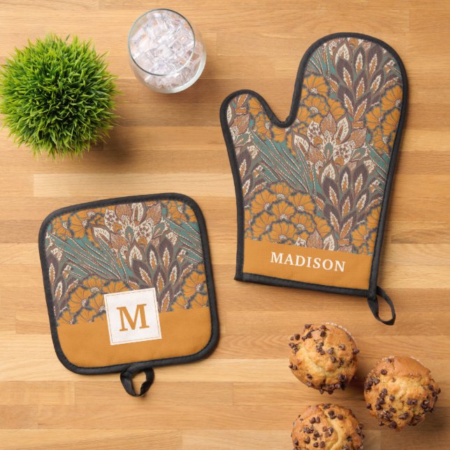 Abstract Peacock Feather Pattern Oven Mitt & Pot Holder Set (Top Down)