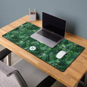 Abstract Peacock Feathers Pattern Monogram Desk Mat