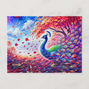 Abstract Peacock in Autumn Storm in Colorful Oil Postcard