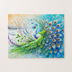 Abstract Peacock in Spring with Snow and Flower Jigsaw Puzzle