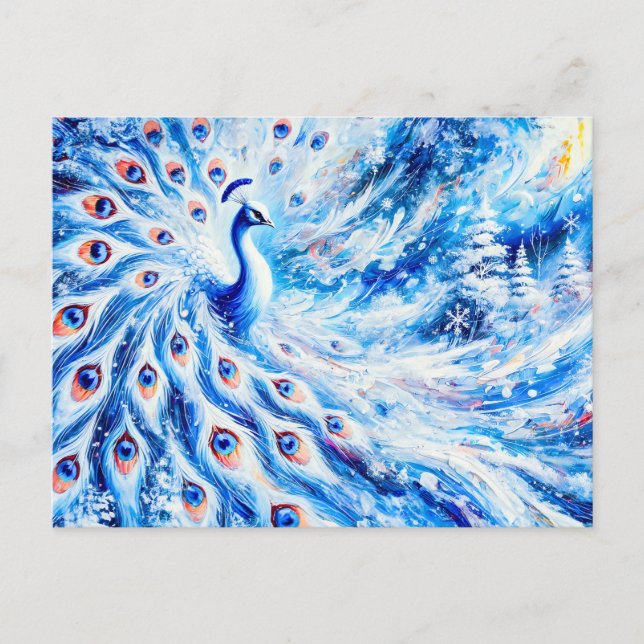 Abstract Peacock in Winter with Snow in Colorful  Postcard (Front)