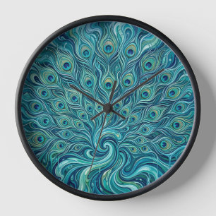 Abstract Peacock Ocean Feather Fan Art Clocks