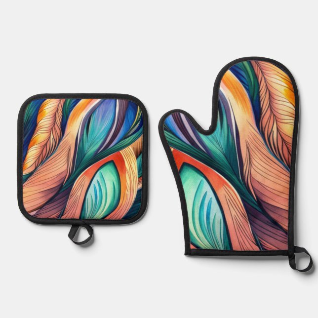 Abstract Peacock Oven Mitt & Pot Holder Set (Front)